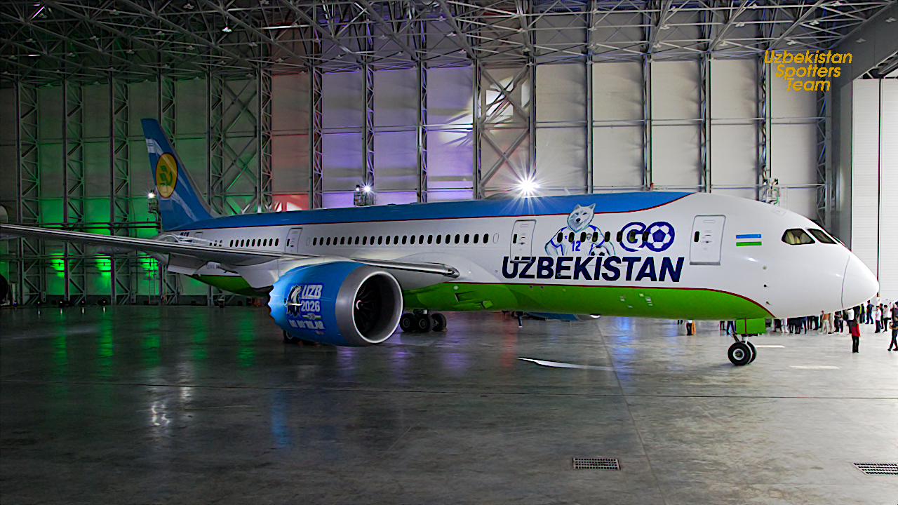 A new livery of Boeing-787-8 UK78706 Uzbekistan Airways dedicated to a debut of National soccer team in FIFA Word Cup 2026 